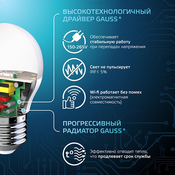 купить Лампа шар свд Е27 9,5Вт 6500К 950лм G45 матовый Gauss  в Тольятти Лампа шар свд Е27 9,5Вт 6500К 950лм G45 матовый Gauss