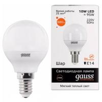купить Лампа свд 220В E14 10Вт 3000К 890лм шар G45 матовая Gauss в Тольятти Лампа свд 220В E14 10Вт 3000К 890лм шар G45 матовая Gauss