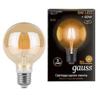 купить Лампа свд 220В E27 6Вт 2400К 550лм шар G95 золотистая филамент Gauss в Тольятти Лампа свд 220В E27 6Вт 2400К 550лм шар G95 золотистая филамент Gauss