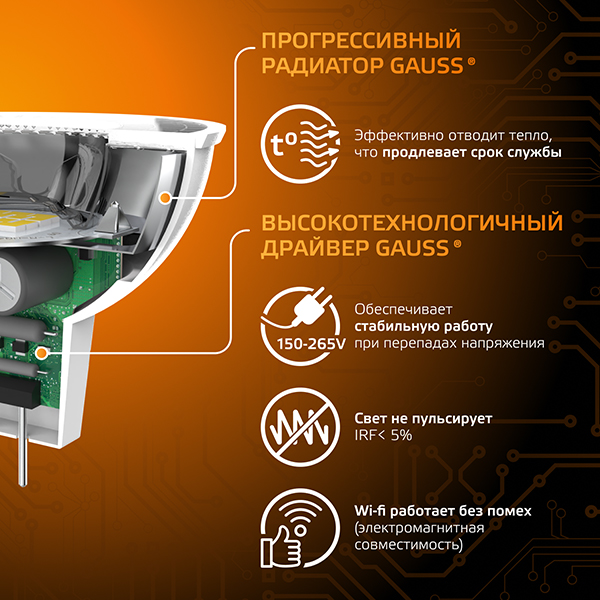 купить Лампа свд 220В GU5.3 9Вт 3000К 830лм MR16 прозрачная Gauss  в Тольятти Лампа свд 220В GU5.3 9Вт 3000К 830лм MR16 прозрачная Gauss