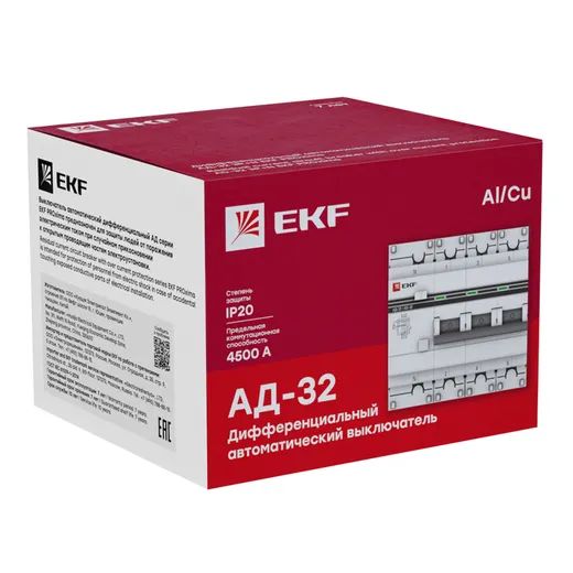 Дифавтомат 4Р 40А C 30мА 4,5кА АД32 4мод EKF