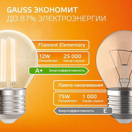 купить Лампа шар свд Е27 12Вт 2700К 730лм G45 прозрачный филамент Gauss  в Тольятти Лампа шар свд Е27 12Вт 2700К 730лм G45 прозрачный филамент Gauss