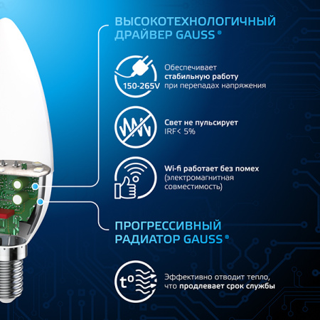 купить Лампа свеча свд Е14 9,5Вт 6500К 950лм В35 матовая Gauss Black в Тольятти Лампа свеча свд Е14 9,5Вт 6500К 950лм В35 матовая Gauss Black
