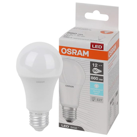 купить Лампа светодиодная 220В Е27 12Вт 4000К 860лм стандарт A60 матовая Osram LED Base в Тольятти Лампа светодиодная 220В Е27 12Вт 4000К 860лм стандарт A60 матовая Osram LED Base
