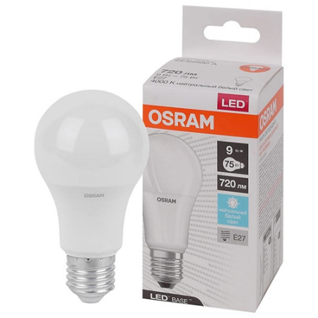 купить Лампа светодиодная 220В Е27 9Вт 4000К 720лм стандарт A60 матовая Osram LED Base в Тольятти Лампа светодиодная 220В Е27 9Вт 4000К 720лм стандарт A60 матовая Osram LED Base