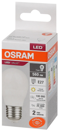 Лампа свд Е27 7Вт 3000К 560лм шар G45 матовая  Osram LED Value