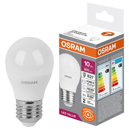 купить Лампа шар свд Е27 10Вт 4000К 800лм P45 матовый Osram LED Value в Тольятти Лампа шар свд Е27 10Вт 4000К 800лм P45 матовый Osram LED Value