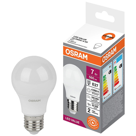купить Лампа светодиодная 220В Е27 7Вт 4000К 560лм стандарт A60 матовая Osram LED Value в Тольятти Лампа светодиодная 220В Е27 7Вт 4000К 560лм стандарт A60 матовая Osram LED Value
