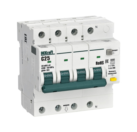 купить Дифавтомат 4Р 25А C тип A 30мА 6кА 4мод ДИФ-103 DEKraft в Тольятти Дифавтомат 4Р 25А C тип A 30мА 6кА 4мод ДИФ-103 DEKraft