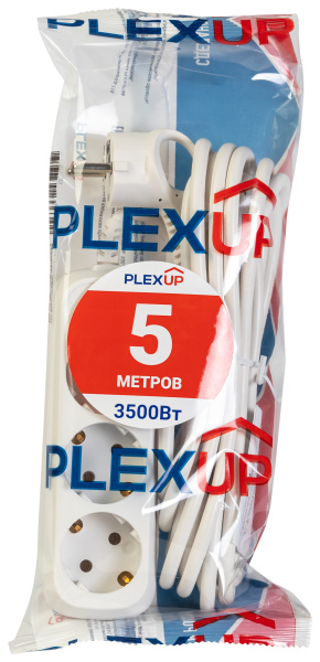 купить Удлинитель 3-мест 5м ПВС 3*1 белый PlexUp   в Тольятти Удлинитель 3-мест 5м ПВС 3*1 белый PlexUp