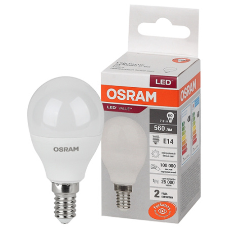 купить Лампа шар свд Е14 7Вт 4000К 560лм P45 матовый Osram в Тольятти Лампа шар свд Е14 7Вт 4000К 560лм P45 матовый Osram