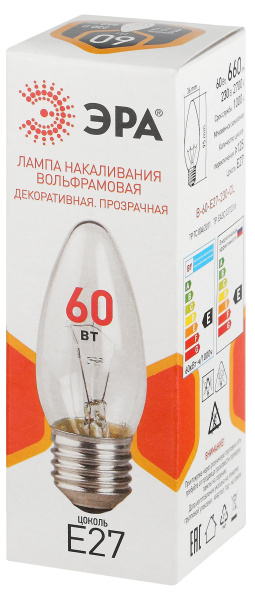 Лампа свеча накал Е27 60Вт 660лм прозрачная ЭРА