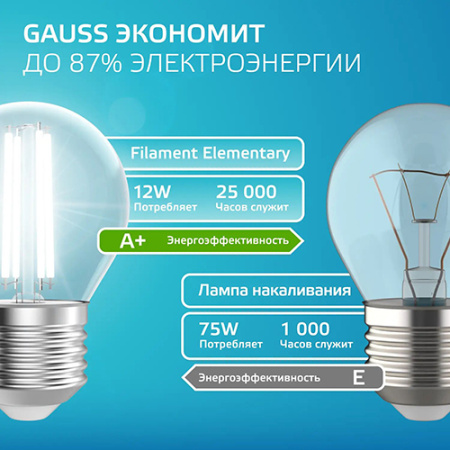 купить Лампа шар свд Е27 12Вт 4100К 750лм G45 прозрачный филамент Gauss  в Тольятти Лампа шар свд Е27 12Вт 4100К 750лм G45 прозрачный филамент Gauss