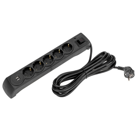 купить Фильтр сетевой 5-мест 5м ПВС 3*1,5 черный выкл USB Kranz  в Тольятти Фильтр сетевой 5-мест 5м ПВС 3*1,5 черный выкл USB Kranz